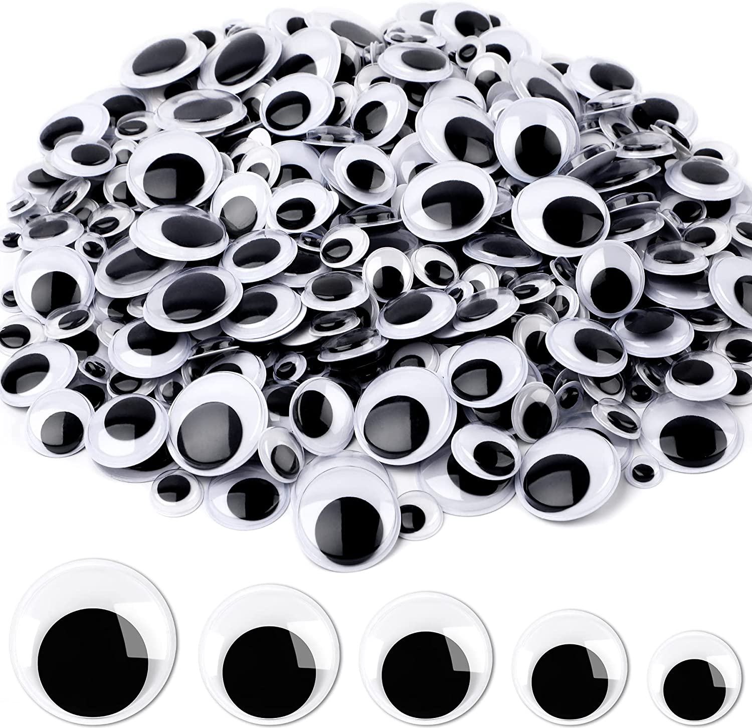 1000 Pcs Black Wiggle Googly Eyes with Self-Adhesive, 6mm 8mm 10 mm 12mm  Mixed Packaging 